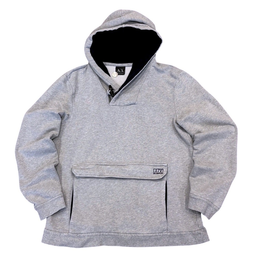 Armani Exchange Hoodie Mens S Gray Toggle Neck Pullover Logo Pouch Pocket